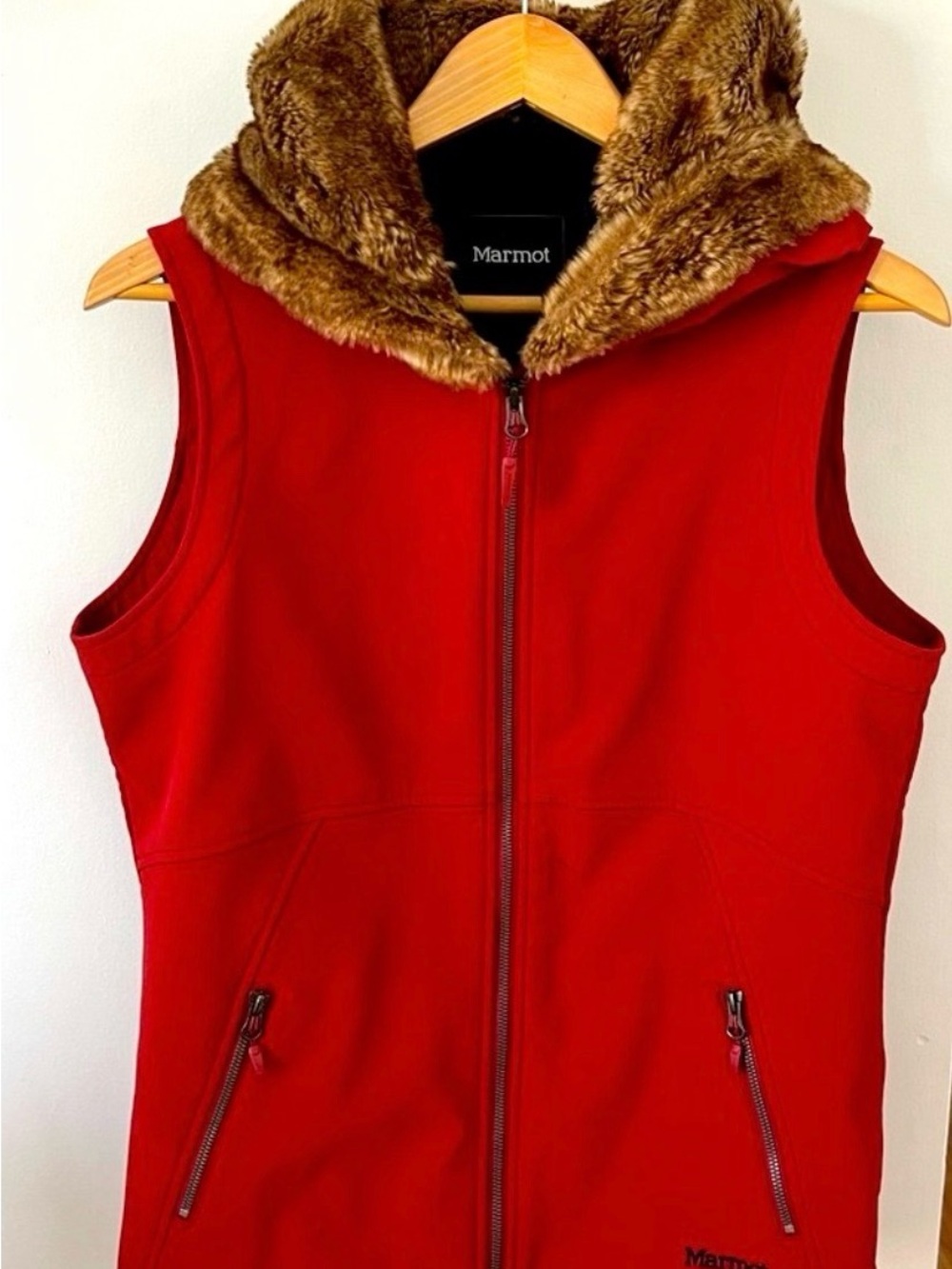 Marmot Red Vest with Faux Fur Hood